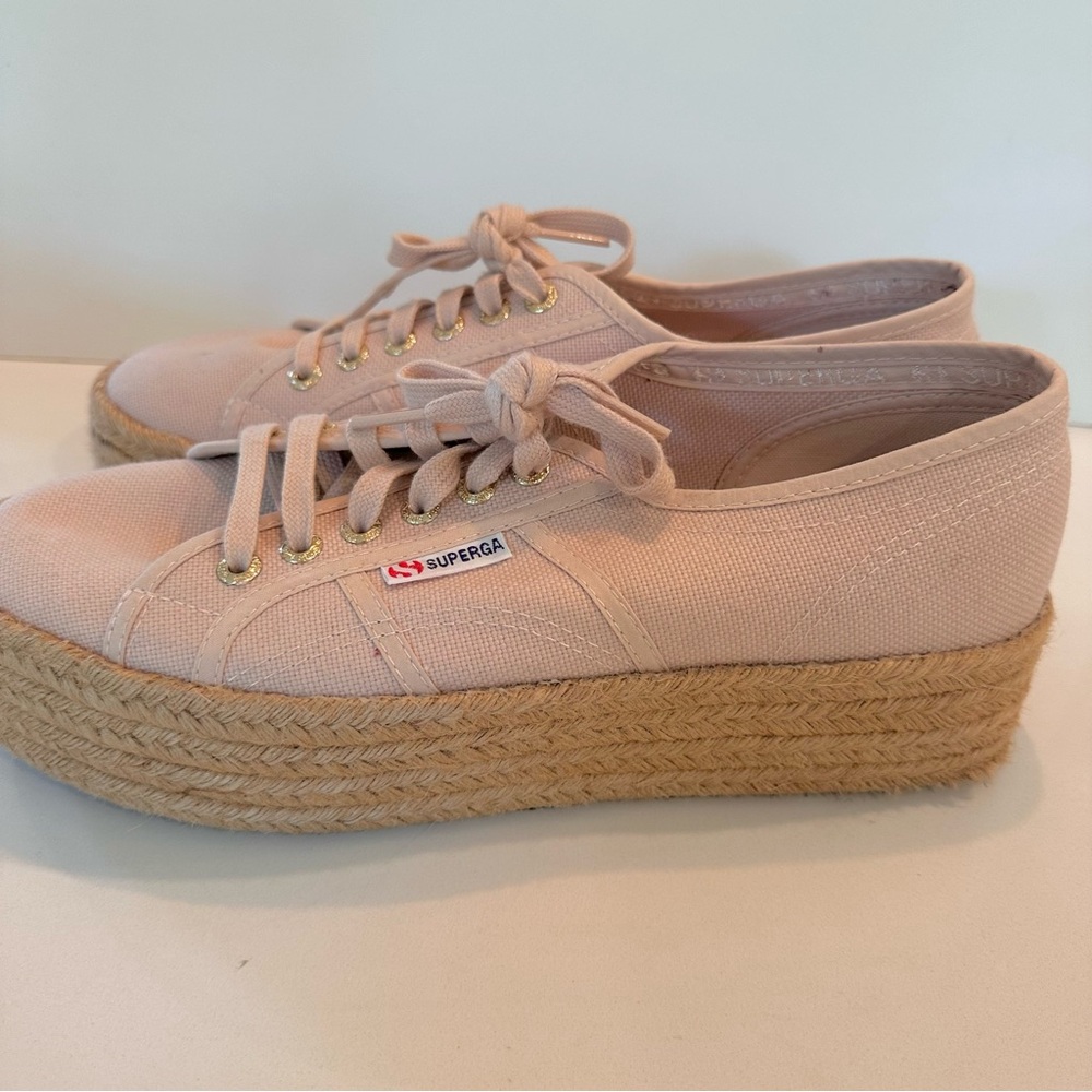 Superga Platform Sneakers in Light Pink with Natural Espadrille Sole - Picture 4 of 12